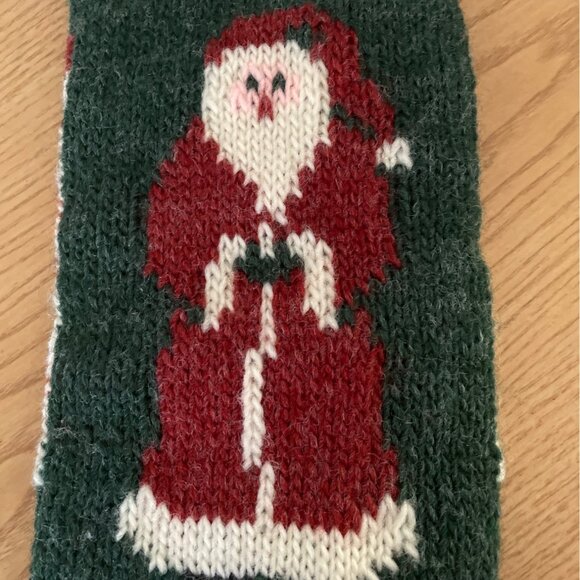 Vtg Handmade Knit Christmas Stocking Green and Red Santa and Stars 19.5 inch - Picture 3 of 6
